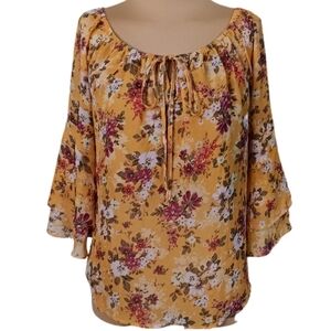 Pink Rose Blouse Top Womens M Yellow Mustard Floral Cottage Boho Bell‎ Sleeve